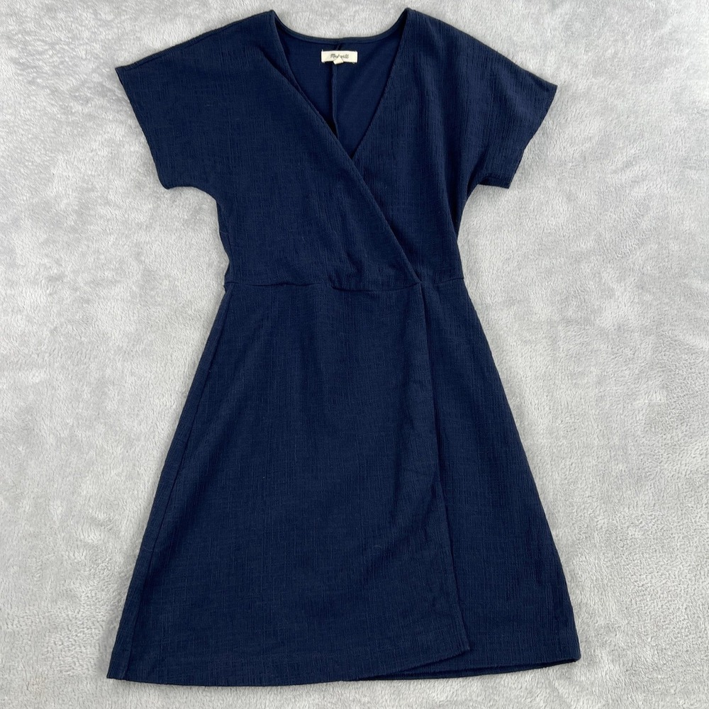 Madewell Textured Knit Wrap Dress XXS Navy Blue Women Short Sleeve V Neck Mini